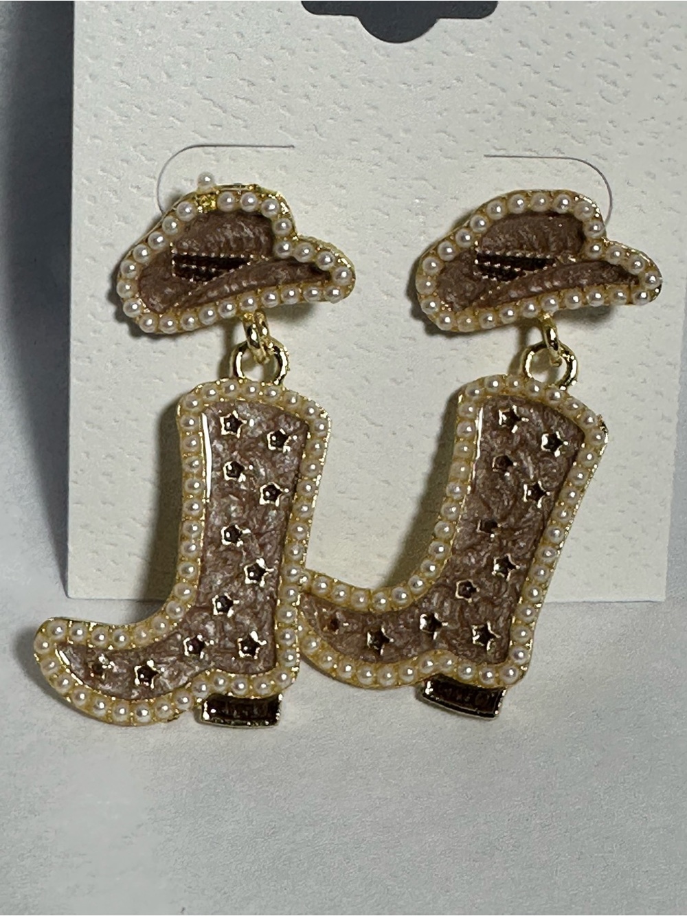 Beige Cowboy Boot & Hat Pearl Drop Earrings